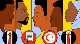 L'image présente une série de profils de personnes, avec des illustrations stylisées et colorées. On y voit deux hommes et deux femmes, chacun d'eux avec une expression sérieuse. Les personnages sont entourés de motifs lumineux en jaune, orange et bleu. Au centre, on trouve des éléments significatifs, comme un document et un symbole représentant la Tunisie, ainsi qu'une cravate dans des icônes. L'ensemble transmet un message sur la diversité et les identités culturelles.