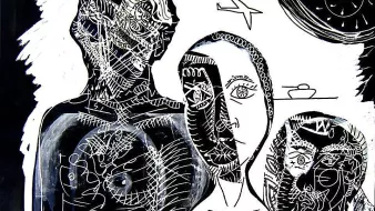 L'image présente un style artistique abstrait et monochrome. On y voit des figures humaines stylisées, avec des traits épaissis et des motifs détaillés. Les traits des visages sont exagérés, et l'utilisation du noir et du blanc crée un fort contraste. On peut remarquer des éléments symboliques, comme un avion et une forme qui pourrait représenter un plat ou un objet en hauteur. L'ensemble dégage une atmosphère intrigante, mêlant la représentation de l'humain et des éléments du quotidien.