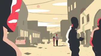L'image présente une scène de rue stylisée, avec des silhouettes humaines et des bâtiments en arrière-plan. À gauche, une figure se distingue par des traits marquants et des couleurs vives. Au centre, deux personnes marchent ensemble, tandis que d'autres silhouettes se déplacent sur les côtés. L'ambiance est teintée de chaleur, avec un ciel jaune et des éléments de paysage urbain, comme des voitures et des lignes électriques. L'ensemble dégage une atmosphère à la fois animée et paisible.
