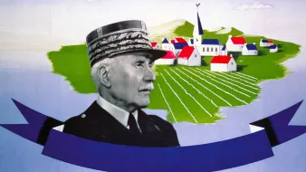 The image features a portrait of a man depicted in military attire, specifically a hat adorned with decorative bands. He is set against a colorful background that includes a rural landscape with stylized houses featuring red rooftops, green fields, and a church steeple. There is a large blue ribbon at the bottom of the image, framing the man's portrait. The overall composition has a bright and idealized aesthetic, suggesting themes of leadership and rural community.