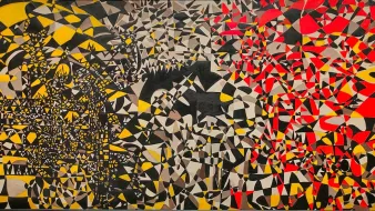 Cette image semble être une œuvre d'art abstrait. On y retrouve des formes géométriques variées, principalement en noir, blanc, jaune et rouge. Le côté gauche présente des motifs plus chaotiques et complexes, tandis que le côté droit est plus vibrant avec des formes rouges et des motifs ondulés. La composition donne une impression dynamique et énergique, jouant sur les contrastes de couleur et de forme.