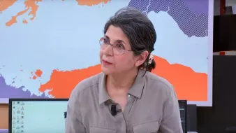 این تصویر فردی را نشان می‌دهد که در یک محیط خبری یا استودیو قرار دارد. او دارای موهای خاکستری و آرایش ساده است و عینک دارد. لباس او رسمی و به رنگ ملایم است. پس‌زمینه تصویر نقشه‌ای از جهان یا بخش‌هایی از آن را نمایش می‌دهد که به نظر می‌رسد به موضوع خبر مربوط می‌شود. چهره این فرد نشان‌دهنده توجه و تمرکز است.