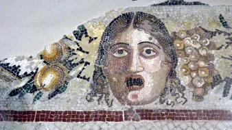 L'immagine mostra un mosaico antico che presenta il volto di una figura umana con un'espressione sorpresa o spaventata. La persona ha i capelli lunghi e scuri e un viso caratterizzato da lineamenti ben definiti. Intorno al volto ci sono elementi decorativi come grappoli d'uva e frutti, che aggiungono un tocco di colore e ricchezza al mosaico. La tecnica del mosaico è evidente, con tessere di diverse tonalità utilizzate per creare dettagli e sfumature.