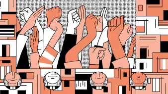 L'image présente plusieurs poings levés, symbolisant la résistance ou la protestation. Les poings sont dessinés dans des tons de peau variés, avec des motifs graphiques en arrière-plan. En dessous, on voit des visages souriants et stylisés, possiblement représentant des soutiens ou des participants à un mouvement collectif. L'ensemble crée une ambiance dynamique et engagée, illustrant des thèmes de solidarité et de lutte.