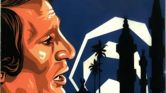 L'immagine presenta un ritratto stilizzato di un uomo, caratterizzato da tratti ben definiti e un'espressione intensa. Sullo sfondo si trovano delle silhouette di edifici e minareti, con palme che aggiungono un tocco esotico. L'uso di colori forti, principalmente arancioni e blu, crea un contrasto notevole, conferendo all'immagine un'atmosfera vibrante e quasi nostalgica. Il design sembra avere uno stile grafico, simile a un poster.