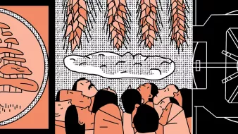 L'image présente une composition graphique avec différents éléments. Sur le côté gauche, il y a une illustration circulaire, probablement représentant un symbole ou un motif culturel. Au centre, un groupe de personnages, dont les visages sont orientés vers le haut, semble regarder quelque chose au-dessus d'eux. En arrière-plan, des formes ovales ou nuageuses s'étendent, créant une atmosphère mystérieuse. Sur la droite, un schéma technique ou architectural est visible, suggérant une structure ou un mécanisme. L'ensemble utilise une palette de couleurs à dominante de rose et de noir, donnant une ambiance contemporaine à l'œuvre.