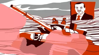 L'image représente un char de guerre stylisé, avec des teintes rouges et grises dominantes. Au-dessus du char, on distingue un portrait d'un homme, portant un sourire, probablement un dirigeant politique. Le fond est abstrait, évoquant un paysage militaire. L'ensemble dégage une ambiance de puissance et de tension.