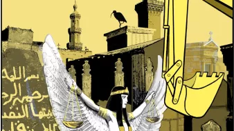 L'image représente une figure féminine avec des ailes, tenant une balance, symbolisant probablement la justice. En arrière-plan, on voit des structures architecturales, comme des minarets, et une pelleteuse qui semble être en train de détruire un cimetière. Le ton de l'image mélange des éléments de gravité et de conflit entre la tradition et la modernité, suggérant une critique sociale. Des oiseaux volent au-dessus, ajoutant une touche de vie au décor sombre. Les inscriptions présentées semblent également avoir une signification religieuse ou culturelle.