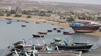 در این تصویر، چندین قایق کوچک در کنار سواحل یک بندر یا ساحل دیده می‌شود. برخی از قایق‌ها در آب قرار دارند و برخی دیگر به طور نیمه غرق شده یا در خشکی قرار گرفته‌اند. پس‌زمینه شامل ساختمان‌هایی در بالای تپه و زمین‌های خشک است. کوه‌ها یا تپه‌های بیابانی در دوردست به چشم می‌خورد. آسمان روشن و آفتابی به نظر می‌آید. این تصویر حس آرامش و زندگی در کنار دریا را منتقل می‌کند.