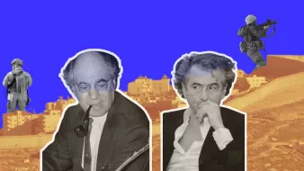L'image semble représenter deux figures bien distinctes, probablement des personnes influentes ou des intellectuels, en utilisant un style de collage. En arrière-plan, on peut voir une ville, peut-être une illustration évoquant un contexte politique ou historique. L'un des personnages tient une pipe et porte des lunettes, tandis que l'autre semble pensif, avec les mains au menton. Des éléments comme un soldat et un mur suggèrent une atmosphère de tension ou de conflit. Les couleurs vives du fond ajoutent un contraste frappant à la composition.