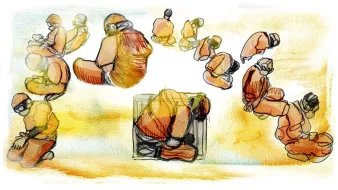 L'image représente une série de croquis illustrant des personnages en position accroupie ou assise, habillés dans des combinaisons orange. Les figures semblent être en mouvement ou en méditation, et l'ensemble est dessiné avec des traits fluides et des couleurs douces, principalement des teintes chaudes. L'utilisation de l'aquarelle crée un arrière-plan riche, évoquant une atmosphère de réflexion ou d'introspection. Les postures des personnages suggèrent une certaine tranquillité ou concentration.