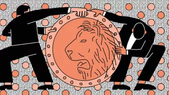 L'image représente deux silhouettes humaines en train de tirer sur un grand bouclier orné d'une tête de lion. Le fond est composé de motifs en points, alternant entre des couleurs neutres et des tons plus vifs. Les personnages semblent engagés dans un effort pour déplacer ou stabiliser le bouclier, ce qui pourrait symboliser une lutte ou une collaboration autour d'une valeur importante représentée par le lion.