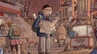 L'image illustre une scène animée d'une rue vivante et colorée. On y voit un jeune garçon au sourire enthousiaste, tenant un journal. Il se tient devant un groupe de personnes qui se déplacent dans une rue pavée. Divers éléments attirent l'attention : des bâtiments aux architectures variées, des vendeurs ambulants proposant des mets, des passants, un chien errant et un chat observant la scène. L'atmosphère générale semble joyeuse et dynamique, reflétant la vie urbaine.