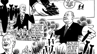 L'image semble comporter une caricature politique. D'un côté, on voit une figure qui ressemble à un homme politique, probablement en train de parler avec un geste théâtral. De l'autre, une autre figure masculine, semblant être un leader israélien, montre une scène dramatique. Il y a des éléments symboliques, comme des missiles ou des bombes, et des références explicites à des événements récents, notamment liés à Gaza. Des éléments visuels renforcent le message critique sur des actions militaires et politiques, ainsi que leur impact sur les populations. Le style est graphique et pourrait susciter une réflexion sur la situation géopolitique.