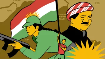 L'image représente des figures symboliques liées au peuple kurde. On y voit une personne en uniforme militaire portant un drapeau kurde, ainsi qu'une autre figure plus en arrière-plan. La scène est stylisée, avec une carte des régions kurdes en arrière-plan, indiquant des pays comme la Syrie, l'Irak, la Turquie et l'Iran. Les couleurs sont vives et l'ensemble évoque un sentiment de fierté nationale et de résistance.