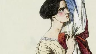 L'image représente une femme tenant une grande drapeau tricolore, aux couleurs bleu, blanc et rouge, symboles de la France. Elle se tient droite, avec une expression déterminée sur le visage. Sa tenue est simple, et ses cheveux sont tirés en arrière. La scène semble évoquer un moment de fierté patriotique ou de célébration nationale. Le style de l'illustration est vintage, suggérant une origine historique.