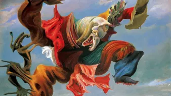 The image depicts a surreal, dynamic figure in an exaggerated pose, characterized by vibrant colors and fluid forms. The figure seems to be wearing tattered clothing, with drapes flowing around it in a dramatic manner. Its face exhibits a range of expressive features, hinting at emotions like anger or desperation. The background is a blend of muted blues and greens, providing a stark contrast to the intense colors of the figure. Strange, abstract shapes and forms surround the central figure, enhancing the surreal atmosphere of the artwork. Overall, it conveys a sense of movement, transformation, and emotional intensity.