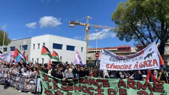 L'image montre une manifestation avec une grande foule de personnes rassemblées. Les manifestants portent des bannières et des drapeaux, y compris des drapeaux palestiniens. Certains panneaux affichent des messages en faveur des droits du peuple palestinien et dénoncent le génocide à Gaza. L'ambiance semble être celle d'une protestation pacifique, avec des participants unis pour une cause commune. En arrière-plan, on peut voir des bâtiments et une grue de construction.
