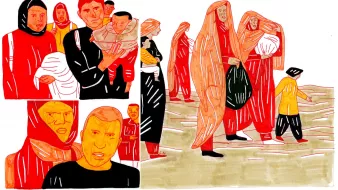 L'image présente des individus dans un style de dessin coloré. On y voit plusieurs personnes, dont certaines portent des enfants. Les personnages ont des expressions qui semblent exprimer des émotions fortes, comme la tristesse ou l'inquiétude. Les couleurs utilisées sont principalement des tons chauds comme le rouge et l'orange, ce qui donne une impression de tension et d'urgence. L'arrière-plan semble représenter un paysage désertique ou une zone difficile, renforçant le contexte probablement dramatique de la scène.