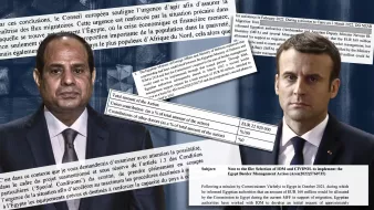 L'image semble comporter des éléments graphiques liés à des discussions ou des accords entre deux dirigeants, probablement ceux d'Égypte et de France. On peut y voir des extraits de documents ou de rapports, des montants financiers mentionnés, ainsi que des références à des enjeux de gestion aux frontières en Égypte. Les textes semblent indiquer un dialogue autour de la coopération entre les deux pays, en mettant l'accent sur des préoccupations économiques et migratoires. Les visages des deux dirigeants sont probablement présentés, symbolisant leur rôle dans ces négociations.