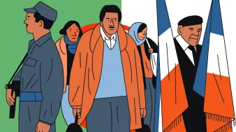 L'image présente un groupe de personnes illustrées dans un style graphique. On peut voir un soldat en uniforme portant une arme, une femme avec un foulard, et un homme habillé d'un manteau orange qui semble pensif. À droite, un homme souriant est vêtu d'un costume et tient des drapeaux. L'arrière-plan est divisé en couleurs vives : vert, orange et blanc. L'ensemble donne une impression de contrastes sociaux et culturels.