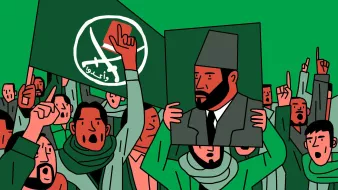La imagen muestra a un grupo de personas reunidas, sosteniendo banderas y carteles. En el centro, hay un hombre que sostiene un retrato de otra persona, posiblemente un líder. La mayoría de las personas parecen estar animadas, levantando los brazos en señal de apoyo. La escena está marcada por colores predominantes en verde, con símbolos que podrían estar relacionados con un movimiento o ideología específica. La atmósfera refleja un sentimiento de protesta o celebración.
