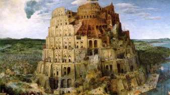 L'image représente la célèbre peinture de Pieter Bruegel l'Ancien intitulée "La Tour de Babel". On y voit une immense construction en spirale, symbolisant une tour inachevée qui atteint le ciel. La tour est dotée de nombreux niveaux avec des arcs et des fenêtres, et elle est entourée de paysages divers, y compris des villes et des corps d'eau. Plusieurs personnages sont visibles au premier plan, parmi lesquels des ouvriers qui semblent travailler à la construction de la tour. L'atmosphère est à la fois majestueuse et tragique, évoquant la chute de l'ambition humaine. Les cieux sont partiellement nuageux, ajoutant une dimension dramatisée à la scène.