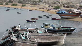 L'image montre une scène côtière avec plusieurs bateaux de pêche échoués sur la plage. On peut voir des petites embarcations peintes en différentes couleurs, certaines abîmées, qui sont disposées le long d'une côte sablonneuse. En arrière-plan, des bâtiments témoignent d'une ville ou d'un village, et le paysage est dominé par des collines ou des falaises. L'eau est calme, et l'atmosphère semble tranquille, avec quelques personnes visibles sur la plage.