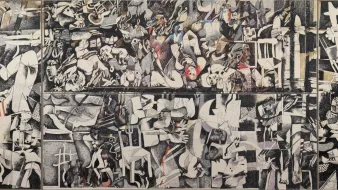 Cette image représente une œuvre d'art de style cubiste, probablement très riche en détails et en émotions. On peut y voir une composition complexe, mêlant des formes abstraites et des figures humaines. La palette de couleurs semble dominée par des tons monochromes, agrémentés de touches de rouge ou d'autres couleurs vives, créant un contraste saisissant. Les formes sont géométriques et fragmentées, suggérant un mouvement dynamique et une multitude d'interactions entre les personnages. L'ensemble dégage une atmosphère à la fois chaotique et expressive, invitant à une interprétation personnelle.
