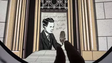 تظهر في الصورة مشهدًا توضيحيًا بأسلوب رسوم متحركة، حيث يوجد في الخلفية مبنى مع تفاصيل معمارية، وعلى الجدران عبارة بالخط العربي. في الجزء الأمامي، يظهر شخص يرتدي بدلة، ويبدو أنه يتحدث أو يقدم شيئًا ما. كما توجد ميكروفون يحمل شعار "بي بي سي". تعكس الصورة تاريخ الإعلام العربي وتأثيره.