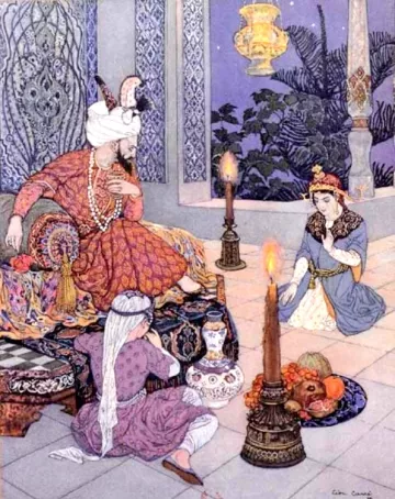 L'image montre une scène orientaliste dans un intérieur décoré. On y voit un homme majestueusement vêtu, assis sur un trône orné, entouré de riches textiles et d'objets décoratifs. Il est en train d'écouter une femme qui est agenouillée devant lui, tandis qu'une autre femme se trouve à ses pieds, examinant des objets sur le sol. L'éclairage est doux, avec des bougies allumées qui créent une ambiance chaleureuse. L'atmosphère est empreinte d'une certaine mystique et d'une opulence typique de l'art inspiré par les cultures orientales.