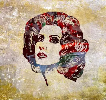 L'image représente une illustration stylisée d'une femme avec des cheveux volumineux et bouclés. Son visage est dessiné de manière artistique, avec des traits marqués et une expression intense. Le fond est texturé et présente des nuances de couleurs dorées et grises, ce qui met en valeur le portrait. L'ensemble donne une impression de glamour et de sophistication.