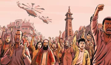 L'image représente une scène de protestation animée. Une foule diverse, composée d'hommes, de femmes et d'enfants, exprime des émotions intenses avec les bras levés et des expressions faciales déterminées. En arrière-plan, on peut voir des hélicoptères survolant la zone. Des bâtiments et des monuments sont visibles, suggérant un cadre urbain. L'atmosphère est chargée d'énergie et de dynamisme, reflétant un moment de mobilisation collective.