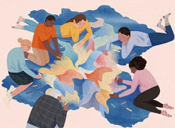 L'image représente un groupe de six personnes, assises au sol et penchées sur un tapis coloré. Elles sont engagées dans une activité artistique, utilisant des craies ou des crayons de couleur pour dessiner sur le sol. Les personnages, de différentes ethnies et genres, semblent concentrés et collaboratifs, entourés de nuances de couleurs pastel qui se mélangent. L'ambiance générale est créative et conviviale, soulignant l'idée de partage et de communauté à travers l'art.