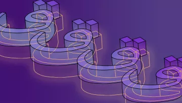 L'image présente une composition graphique avec des formes en 3D stylisées, formant une série de courbes et de structures géométriques. Les éléments ont une apparence translucide avec des contours lumineux, créant un effet de profondeur. Le fond est d'une teinte violette dégradée, ajoutant une ambiance dynamique à l'ensemble. Les formes semblent évoquer un motif répétitif et fluide, ce qui renforce une impression de mouvement.