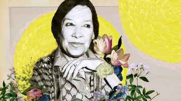 L'image représente une femme souriante, entourée de fleurs colorées. Son visage est en noir et blanc, contrastant avec les teintes vives des fleurs et les cercles jaunes en arrière-plan qui évoquent le soleil. L'ensemble crée une atmosphère joyeuse et chaleureuse, mettant en valeur la beauté de la personne et de la nature.