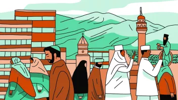 La imagen muestra una escena diversa y colorida de personas caminando en un entorno urbano. Hay montañas al fondo y diferentes edificios, incluyendo una mezquita y una iglesia, que sugieren una mezcla cultural. Las personas en la imagen visten ropas tradicionales de varias culturas, y parece haber un ambiente de convivencia entre diferentes comunidades. Las líneas son simples y los colores son suaves, dando una sensación de calidez y diversidad.