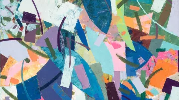 Cette image présente une composition abstraite riche en couleurs et en formes. On y voit des coups de pinceau dynamiques et variés, créant un mouvement visuel. Les teintes vibrantes comme le bleu, le vert, le rose et le rouge se côtoient harmonieusement, tandis que des formes géométriques, telles que des rectangles et des ovales, s'entrelacent. L'œuvre évoque une sensation de dynamisme et d'énergie, invitant l'observateur à l'interpréter librement.