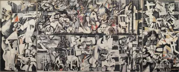 Cette image représente une œuvre d'art de style cubiste, probablement très riche en détails et en émotions. On peut y voir une composition complexe, mêlant des formes abstraites et des figures humaines. La palette de couleurs semble dominée par des tons monochromes, agrémentés de touches de rouge ou d'autres couleurs vives, créant un contraste saisissant. Les formes sont géométriques et fragmentées, suggérant un mouvement dynamique et une multitude d'interactions entre les personnages. L'ensemble dégage une atmosphère à la fois chaotique et expressive, invitant à une interprétation personnelle.