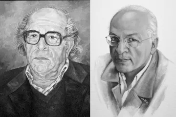 L'image montre deux portraits en noir et blanc. Le premier portrait à gauche représente un homme d'âge mûr avec des cheveux gris, portant des lunettes et une expression sérieuse. Il est vêtu d'un pull noir et d'une veste. Le second portrait à droite présente également un homme d'âge mûr, avec des lunettes et des cheveux gris, mais il a un sourire subtil. Son style vestimentaire est plus formel, avec un manteau clair. Les deux portraits semblent détaillés et bien réalisés, mettant en avant l'expression des visages.