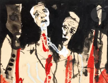 L'image présente une composition expressive dominée par des tons sombres et des touches de couleur vive, comme le rouge et le blanc. On peut y voir des figures humaines aux visages stylisés, qui expriment des émotions intenses. Les traits sont marqués, et il semble y avoir une approche à la fois abstraite et figurative. Le fond, de teintes noires et brunes, contraste avec les formes plus claires, créant une atmosphère dramatique et poignante. Cette œuvre pourrait évoquer des thèmes de souffrance ou de lutte.