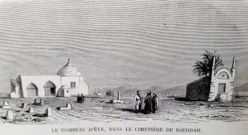 The image depicts a grave site, specifically the Tomb of Eve, in the cemetery of Djeddah (Jeddah). It shows a domed structure that likely marks the tomb, surrounded by a barren landscape. In the foreground, a small group of people is gathered, dressed in traditional attire. The scene is set against a backdrop that suggests a historical or cultural significance, with additional structures or ruins visible in the distance. The overall atmosphere conveys a sense of reverence and history.