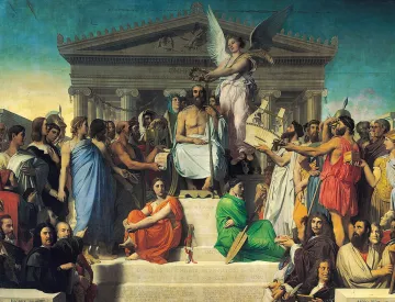 L'immagine presenta un'opera d'arte di grande formato che raffigura un'importante scena storica o mitologica. Al centro, si trova una figura maestosa, probabilmente un leader o una divinità, seduta su un trono, circondata da un gruppo di persone in abiti classici. La figura centrale tiene in mano un oggetto significativo, mentre diverse persone intorno a lei sembrano interagire o rendere omaggio. Sullo sfondo, si intravede un'imponente architettura, che richiama lo stile degli antichi templi greci, suggerendo un contesto di grande importanza culturale o religiosa. Variazioni di colori e abbigliamenti tra le figure, che rappresentano diverse classi sociali o ruoli, ulteriormente sottolineano la solennità della scena. Al di sopra della figura centrale, un angelo o un'entità alata potrebbe simboleggiare la guida divina o la speranza. Il tutto comunica un forte senso di autorità, celebrazione e interconnessione tra le diverse figure storiche o simboliche.