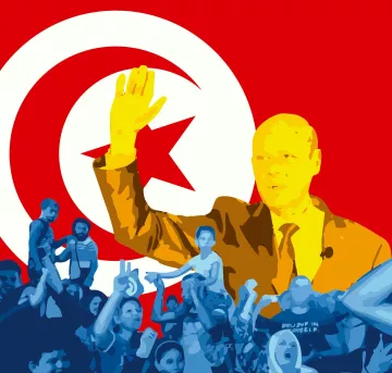 L'image représente une scène vibrante avec des couleurs vives. En arrière-plan, on voit le drapeau tunisien, affichant son étoile et son croissant emblématiques sur un fond rouge. Au premier plan, une figure centrale semble saluer, ajoutant une dynamique au tableau. Des silhouettes de personnes expriment des émotions de joie et d'engagement, ce qui suggère un moment de rassemblement ou de célébration. L'ensemble de la composition évoque un sentiment d'unité et de patriotisme.
