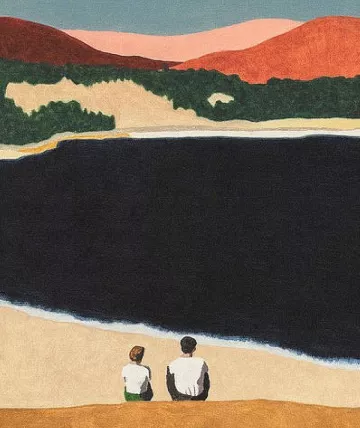 L'image représente une scène paisible au bord d'un lac ou d'une grande étendue d'eau sombre. Au premier plan, on voit deux personnes assises sur le sable, tournées vers l'eau. L'arrière-plan montre des collines aux teintes chaudes, allant du rouge au beige, tandis qu'un ciel clair complète le paysage. L'ambiance générale est tranquille et contemplative, suggérant un moment de partage entre les deux figures.