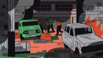 L'image représente une scène dynamique et stylisée, probablement dans un environnement urbain chaotique. On y voit des véhicules, dont une camionnette verte et une voiture blanche, abandonnés et entourés de débris. Des silhouettes humaines se déplacent dans la scène, impliquées dans une action. L'arrière-plan suggère une atmosphère tendue, avec des éléments de destruction visible et peut-être des tanks, tandis que des couleurs vives comme le rouge et le vert contrastent avec des teintes plus sombres. L'ensemble crée une impression d'urgence et de conflit.
