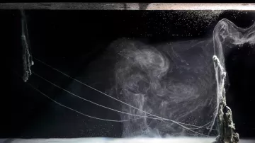L'image montre une scène abstraite qui pourrait représenter un paysage aquatique ou une œuvre artistique. Le fond est principalement noir, créant un contraste fort avec les éléments blancs et gris à l'intérieur. Des formes de filaments blancs semblent flotter ou être suspendus dans l'air ou l'eau. À droite, il y a une structure rocheuse semblant émerger d'une surface blanche. Des motifs tourbillonnants et des volutes de fumée ou d'une autre substance légère ajoutent à l'aspect éthéré et onirique de l'image. Les fils tendus traversant l'image à gauche ajoutent à cette impression de suspension ou de flottaison. L'ensemble de la scène donne une impression de mystère et d'abstraction.