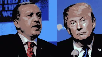 The image features a split-screen depiction of two men. On the left, a figure is speaking at a podium, dressed in a suit and tie with a red patterned tie, likely suggesting a formal setting or a political speech. The background appears to have blue tones and text that is partially obscured. On the right, another man is shown with a serious expression, also dressed in a suit and tie, and he appears to be in a similar setting with a microphone in front of him. The overall color tone of the image is stylized, giving it an artistic or graphic quality.