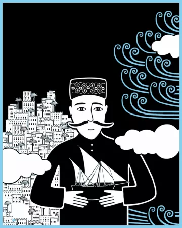 Cette image présente un personnage stylisé qui porte un chapeau traditionnel et a une moustache. Il tient un modèle de voilier dans ses mains. En arrière-plan, on peut voir des bâtiments en forme de tours sur une colline, ainsi que des nuages et des vagues stylisées, ce qui donne une impression de mouvement et de mystère. Les couleurs sont principalement noires, blanches et bleues, créant un contraste fort et un effet visuel intéressant.