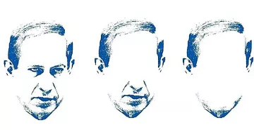 L'image représente trois visages stylisés, affichés en séquence. Les visages ont des traits similaires, mais le visage du milieu est flou ou dépourvu de caractéristiques distinctes, ce qui crée une impression d'absence ou d'effacement. Les couleurs utilisées semblent être des nuances de bleu, donnant une ambiance artistique et minimaliste à l'ensemble. Cette composition pourrait évoquer des thèmes tels que l'identité ou la transformation.